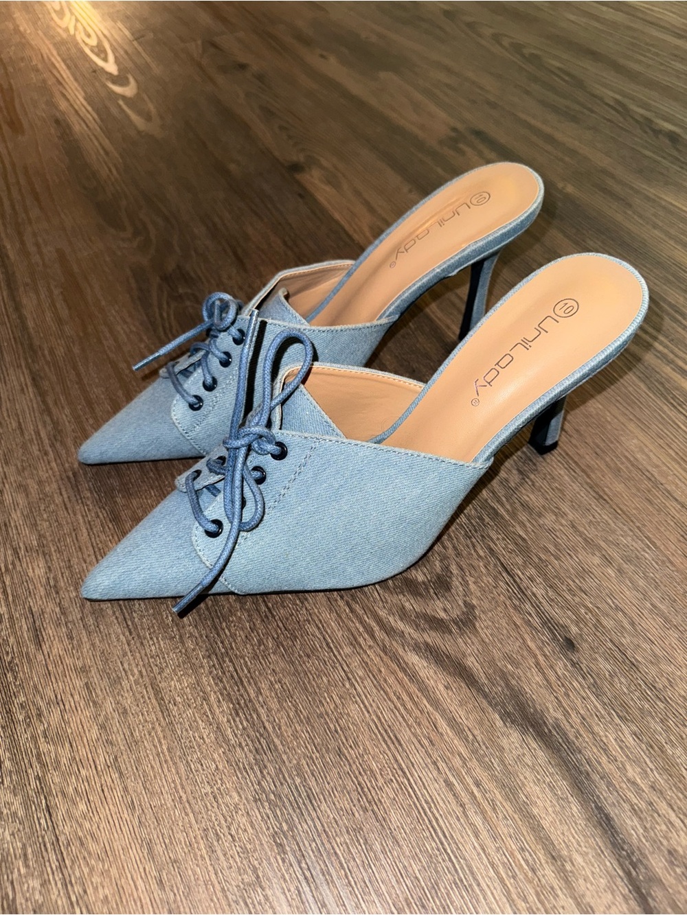 Light Denim Lace-Up Pointed Mule Heels